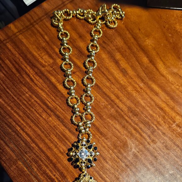 HOLIDAY RUNWAY STATEMENT JOSE & MARIA BARRERA BLACK CRYSTAL GOLD NECKLACE STRAND - Picture 7 of 8